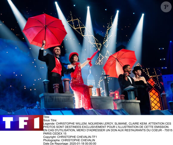 Christophe Willem, Nolwenn Leroy, Slimane et Claire Keim. Photo officielle du concert des Enfoirés 2020 "Le Pari(s) des Enfoirés" à l'AccorHotels Arena à Paris. Il sera diffusé sur TF1 le 6 mars 2020.