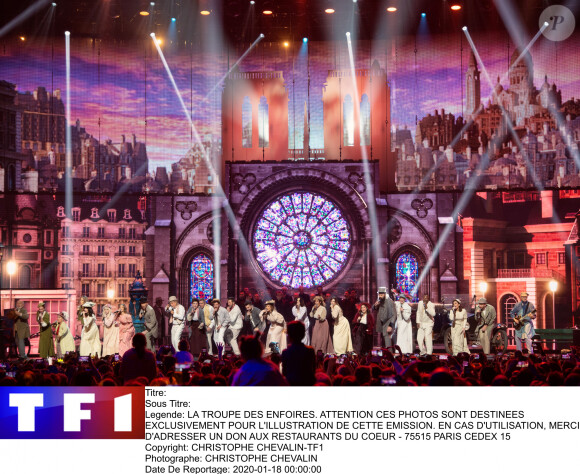 Photo officielle du concert des Enfoirés 2020 "Le Pari(s) des Enfoirés" à l'AccorHotels Arena à Paris. Il sera diffusé sur TF1 le 6 mars 2020.