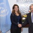 Le secrétaire général des Nations Unies Antonio Guterres reçoit la princesse Hayat Bint Al Hussein de Jordanie au siège de l'ONU à New York, le 21 septembre 2018.