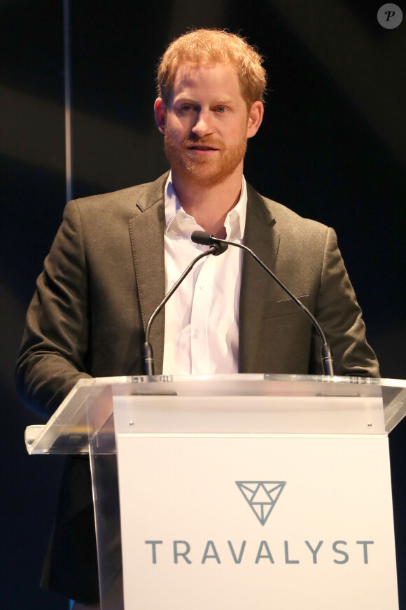 Le prince Harry, duc de Sussex, lors d'un sommet sur le tourisme durable au centre de conférences international d'Edimbourg, Ecosse, Royaume Uni, le 26 février 2020.