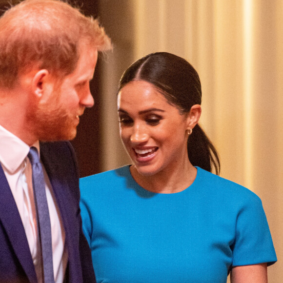 Le prince Harry, duc de Sussex, et Meghan Markle, duchesse de Sussex à la sortie de la cérémonie des Endeavour Fund Awards au Mansion House à Londres, Royaume Uni, le 5 mars 2020.