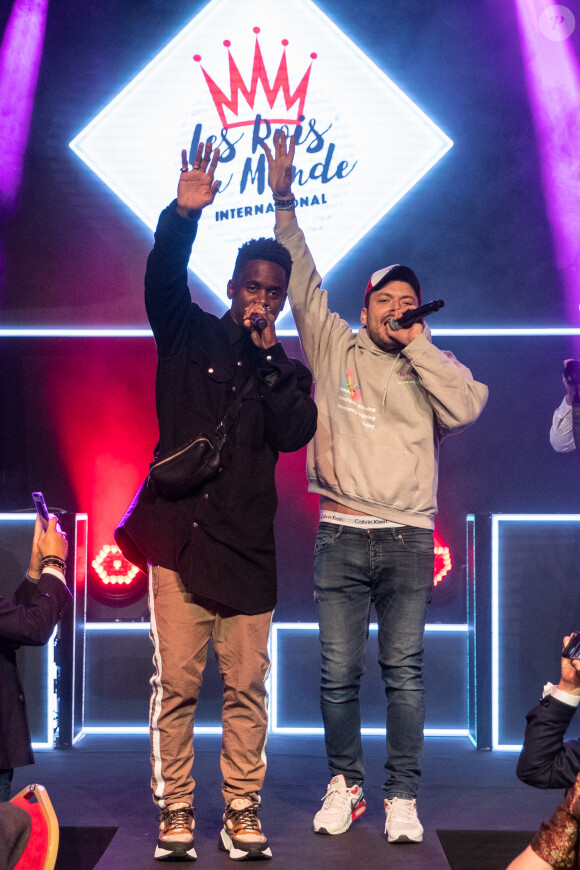 Exclusif - Black M (Black Mesrimes) et Kev Adams - 8ème gala de l'association "Les Rois du Monde" avec un plateau d'artistes et une vente aux enchères au profit des enfants défavorisés, orphelins et hospitalisés, suivi d'une soirée dansante à la Salle Wagram à Paris, le 2 mars 2020. Le lancement de la traditionnelle vente caritative d'oeuvres d'artistes contemporains les plus prisés du moment a été bousculé avec la mise aux enchères spontanée de la guitare de Patrick Bruel, faisant s'envoler les dons. La suite de la vente s'est déroulée dans une ambiance électrique, avec pour commissaire-priseur C. Hanouna, soutien de la première heure des Rois du Monde. Enfin, l'association a annoncé hier soir son implication de plus en plus forte à l'international, les actions à venir pour l'année 2020, et la sortie du livre de la présidente Stéphanie Robert : "Solide et solidaire. Les Rois du Monde s'engagent aujourd'hui d'avantage à l'international et oeuvrent en faveur du financement de programmes locaux axés sur l'éducation, la santé, l'alimentation, le développement durable et les droits des enfants. Une ambition toujours plus forte pour l'association qui se mobilise chaque jour, grâce aux dons et à ses partenaires, mécènes et personnalités, pour rendre meilleure la vie des enfants défavorisés. © Cyril Moreau-Rachid Bellak/Bestimage