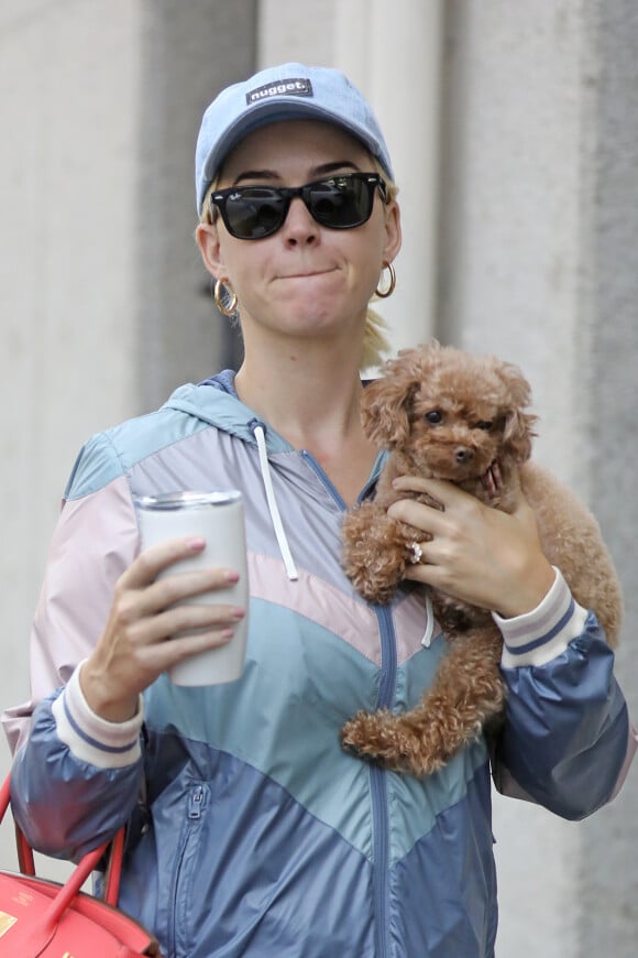Exclusif - Katy Perry se promène avec son petit chien Nugget dans les rues de Santa Monica, Los Angeles, le 9 août 2019. Elle porte un legging, un k-way, une casquette avec l'inscription "Nugget" (le prénom de son chien), des lunettes de soleil et un sac Hermès rouge.