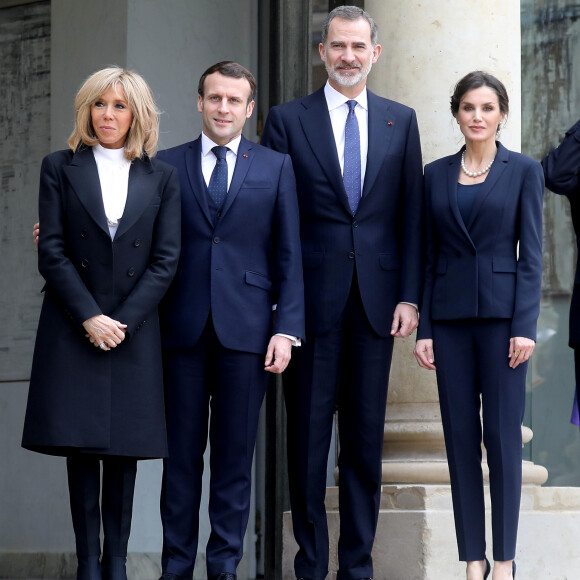 Le président Emmanuel Macron et la première dame Brigitte Macron ont reçu le roi Felipe VI d'Espagne et la reine Letizia à déjeuner au palais de l'Elysée, à Paris, le 11 mars 2020, avant la cérémonie de la Journée nationale d'hommage aux victimes du terrorisme organisée au Trocadéro. © Dominique Jacovides / Bestimage