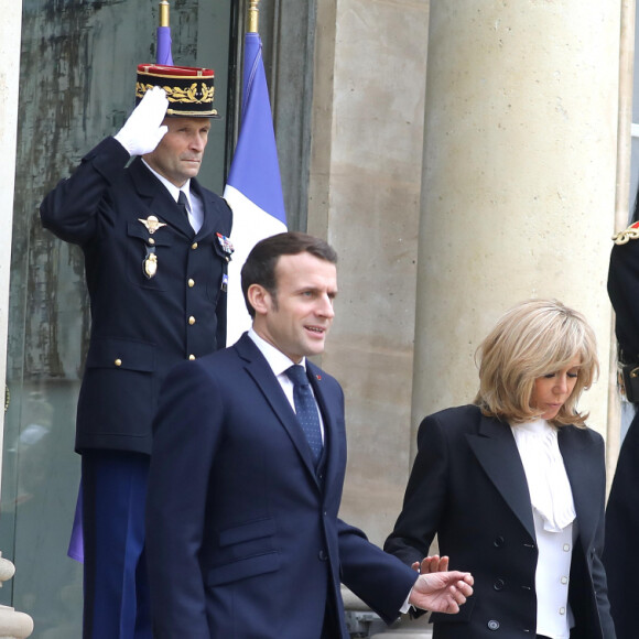 Le président Emmanuel Macron et la première dame Brigitte Macron ont reçu le roi Felipe VI d'Espagne et la reine Letizia à déjeuner au palais de l'Elysée, à Paris, le 11 mars 2020, avant la cérémonie de la Journée nationale d'hommage aux victimes du terrorisme organisée au Trocadéro. © Dominique Jacovides / Bestimage