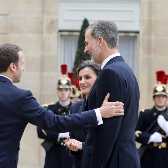 Le président Emmanuel Macron et la première dame Brigitte Macron ont reçu le roi Felipe VI d'Espagne et la reine Letizia à déjeuner au palais de l'Elysée, à Paris, le 11 mars 2020, avant la cérémonie de la Journée nationale d'hommage aux victimes du terrorisme organisée au Trocadéro. © Dominique Jacovides / Bestimage