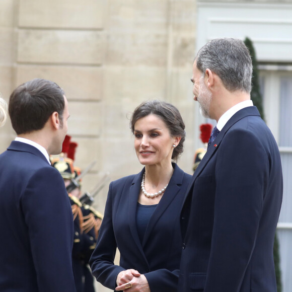 Le président Emmanuel Macron et la première dame Brigitte Macron ont reçu le roi Felipe VI d'Espagne et la reine Letizia à déjeuner au palais de l'Elysée, à Paris, le 11 mars 2020, avant la cérémonie de la Journée nationale d'hommage aux victimes du terrorisme organisée au Trocadéro. © Dominique Jacovides / Bestimage