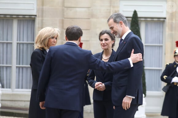 Le président Emmanuel Macron et la première dame Brigitte Macron ont reçu le roi Felipe VI d'Espagne et la reine Letizia à déjeuner au palais de l'Elysée, à Paris, le 11 mars 2020, avant la cérémonie de la Journée nationale d'hommage aux victimes du terrorisme organisée au Trocadéro. © Dominique Jacovides / Bestimage