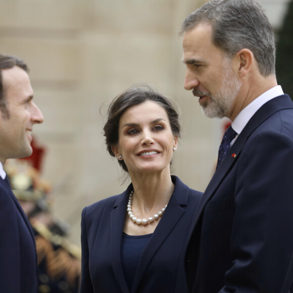 Le président Emmanuel Macron et la première dame Brigitte Macron ont reçu le roi Felipe VI d'Espagne et la reine Letizia à déjeuner au palais de l'Elysée, à Paris, le 11 mars 2020, avant la cérémonie de la Journée nationale d'hommage aux victimes du terrorisme organisée au Trocadéro. © Dominique Jacovides / Bestimage