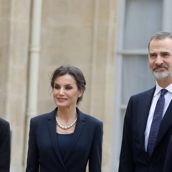 Le président Emmanuel Macron et la première dame Brigitte Macron ont reçu le roi Felipe VI d'Espagne et la reine Letizia à déjeuner au palais de l'Elysée, à Paris, le 11 mars 2020, avant la cérémonie de la Journée nationale d'hommage aux victimes du terrorisme organisée au Trocadéro. © Dominique Jacovides / Bestimage