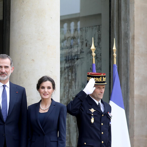 Le président Emmanuel Macron et la première dame Brigitte Macron ont reçu le roi Felipe VI d'Espagne et la reine Letizia à déjeuner au palais de l'Elysée, à Paris, le 11 mars 2020, avant la cérémonie de la Journée nationale d'hommage aux victimes du terrorisme organisée au Trocadéro. © Dominique Jacovides / Bestimage