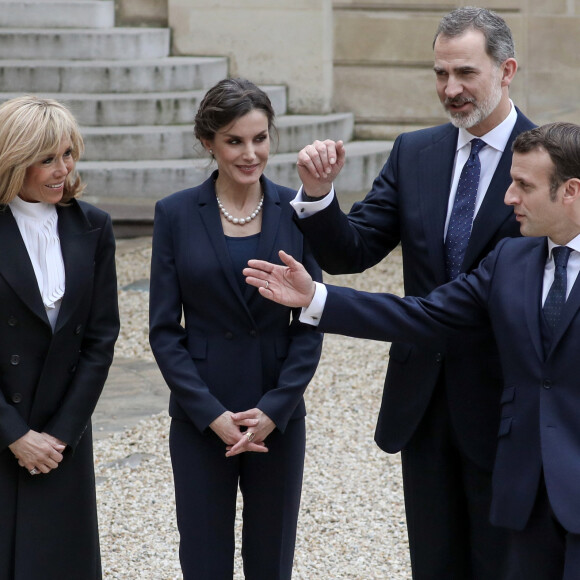 Le président Emmanuel Macron et la première dame Brigitte Macron ont reçu le roi Felipe VI d'Espagne et la reine Letizia à déjeuner au palais de l'Elysée, à Paris, le 11 mars 2020, avant la cérémonie de la Journée nationale d'hommage aux victimes du terrorisme organisée au Trocadéro. © Stéphane Lemouton / Bestimage