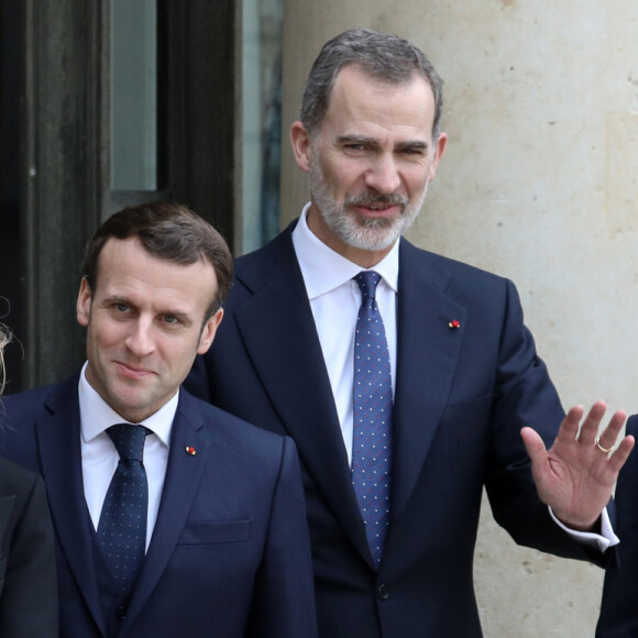 Le président Emmanuel Macron et la première dame Brigitte Macron ont reçu le roi Felipe VI d'Espagne et la reine Letizia à déjeuner au palais de l'Elysée, à Paris, le 11 mars 2020, avant la cérémonie de la Journée nationale d'hommage aux victimes du terrorisme organisée au Trocadéro. © Stéphane Lemouton / Bestimage