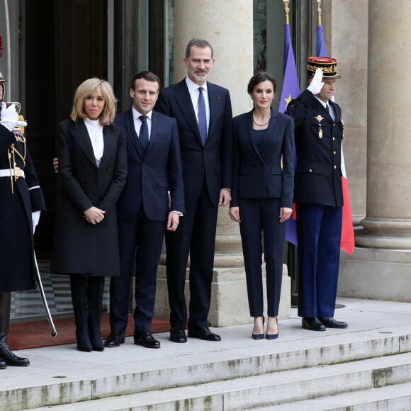 Le président Emmanuel Macron et la première dame Brigitte Macron ont reçu le roi Felipe VI d'Espagne et la reine Letizia à déjeuner au palais de l'Elysée, à Paris, le 11 mars 2020, avant la cérémonie de la Journée nationale d'hommage aux victimes du terrorisme organisée au Trocadéro. © Stéphane Lemouton / Bestimage