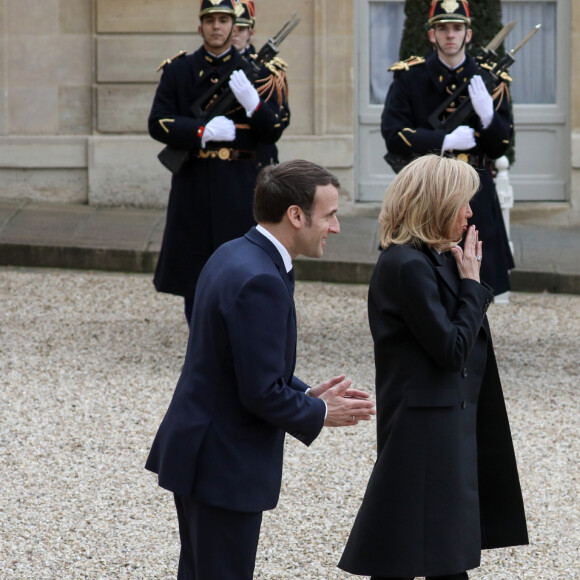 Le président Emmanuel Macron et la première dame Brigitte Macron ont reçu le roi Felipe VI d'Espagne et la reine Letizia à déjeuner au palais de l'Elysée, à Paris, le 11 mars 2020, avant la cérémonie de la Journée nationale d'hommage aux victimes du terrorisme organisée au Trocadéro. © Stéphane Lemouton / Bestimage