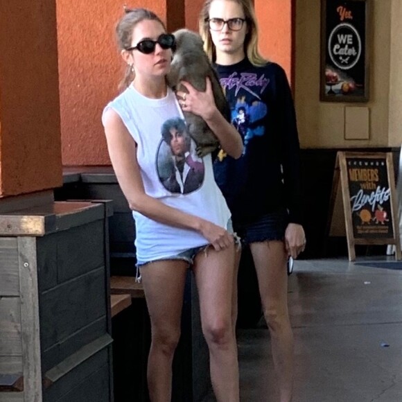 Exclusif - Ashley Benson et Cara Delevingne font les courses avec un de leurs chiots à Los Angeles, pendant l'épidémie de coronavirus (Covid-19), le 26 mars 2020. Avant d'entrer dans le supermarché "Erewhon", elles ont laissé leur chien dans leur voiture.