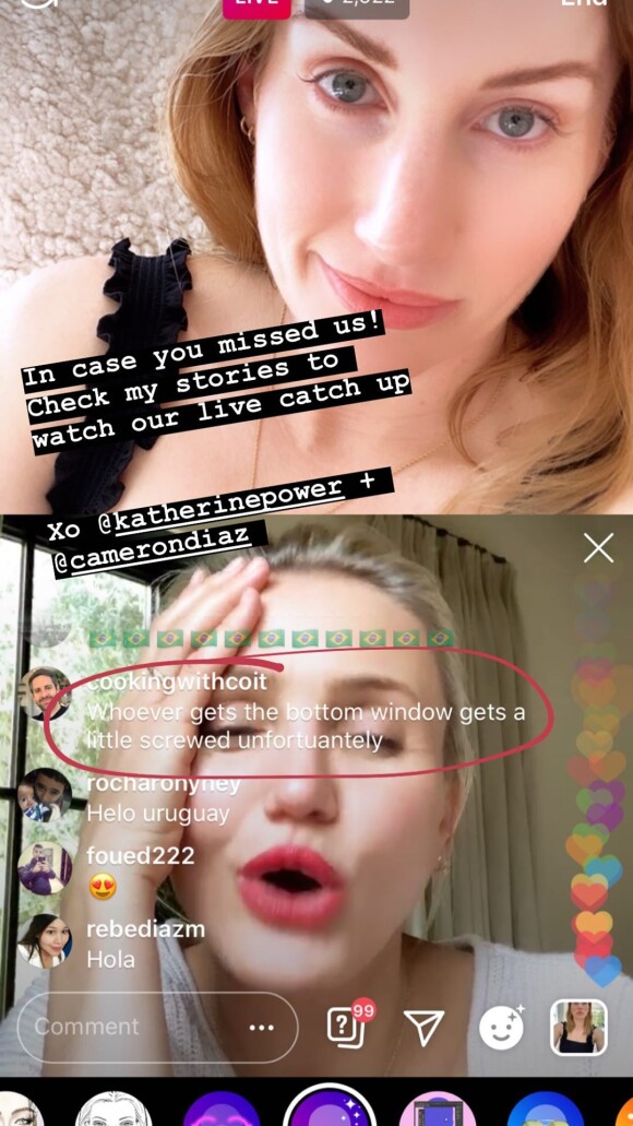 Cameron Diaz en discussion live sur Instagram avec son amie Katherine Power, le 14 avril 2020.