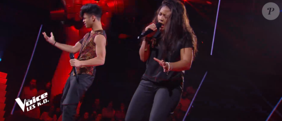 Ludysao et Nathan lors de l'épreuve des K.O dans "The Voice 2020" - Talents de Pascal Obispo. Émission du samedi 25 avril 2020, TF1