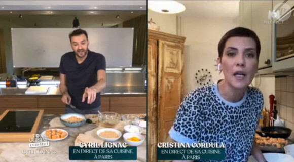 Cyril Lignac et Cristina Cordula dans l'émission "Tous en cuisine" sur M6. Le vendredi 15 mai 2020.