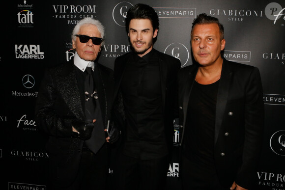 Karl Lagerfeld, Baptiste Giabiconi, Jean Roch - Soirée "Giabiconistyle.com opening" au Vip Room à Paris le 28 février 2015.