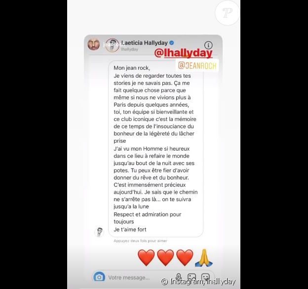 Laeticia Hallyday a écrit à Jean-Roch le 21 mai 2020, lorsqu'elle a appris la fermture définitive du VIP Room à Paris.