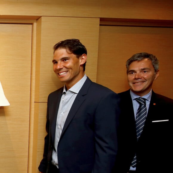 Exclusif - Le prince Albert II de Monaco avec Rafael Nadal et Elisabeth-Anne de Massy, présidente de la fédération monégasque de Tennis et présidente du Monte-Carlo country club, lors de l'inauguration de la suite Rafael Nadal au Monte-Carlo Bay de Monaco le 16 avril 2018 © Jean-François Ottonello / Nice Matin / Bestimage