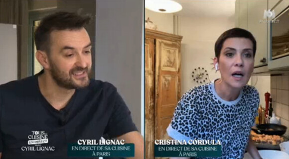 Cyril Lignac et Cristina Cordula dans l'émission "Tous en cuisine" sur M6. Le vendredi 15 mai 2020.