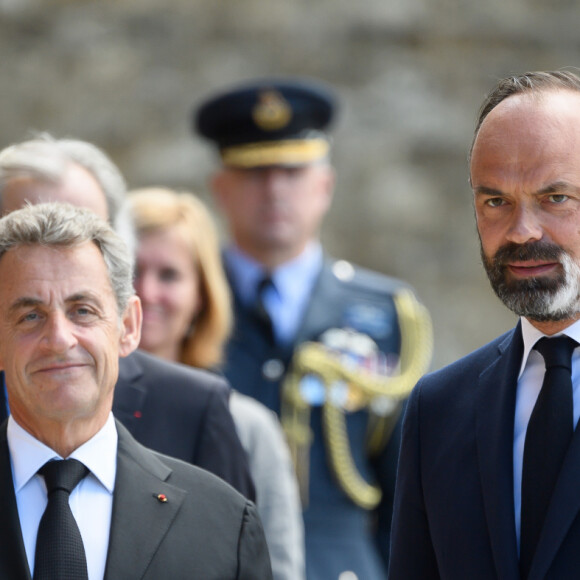 Nicolas Sarkozy et Edouard Philippe au Mont Valérien pour le 80ème anniversaire de l'appel du 18 juin à Suresnes, France, le 18 juin 2020. © Jacques Witt/Pool/Bestimage