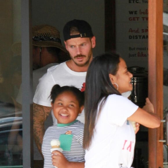 Matt Pokora, sa compagne Christina Milian enceinte et sa fille Violet Nash, Los Angeles, le 3 août 2019.