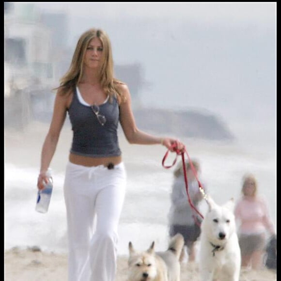 Jennifer Aniston en pleine balade avec ses chiens sur la plage.