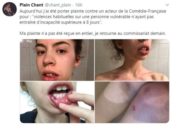 Marie, une jeune femme passionnée de théâtre auquel elle consacre la chaîne YouTube "Plain Chant", accuse un acteur de la Comédie-Française de violences répétées. Image d'un de ses posts Twitter révélant l'affaire, le 29 juin 2020.