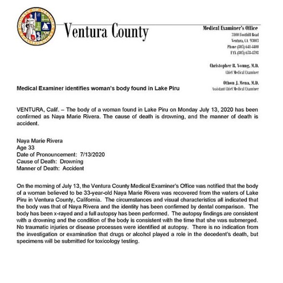 Rapport de l'autopsie pratiquée sur le corps de Naya Rivera, repêché le 13 juillet 2020 au lac Piru, en Californie.