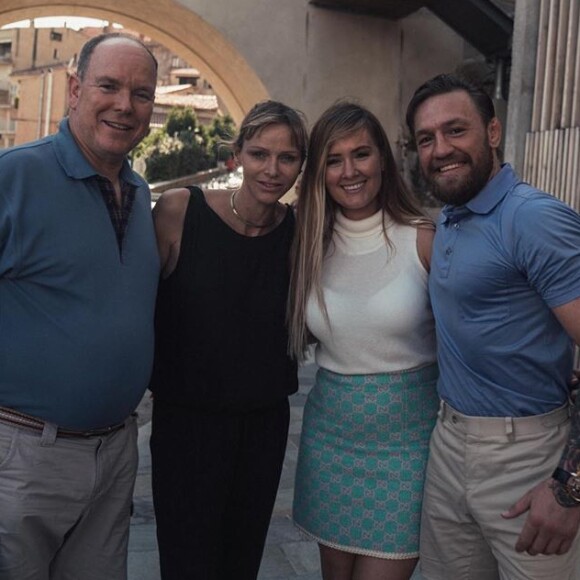 La princesse Charlene de Monaco, soutenue par son mari le prince Albert, s'entraîne avec le champion de MMA Conor McGregor pour le "Calvi – Monaco Water bike Challenge" qui se tiendra en septembre. Sur Instagram, le 20 juillet 2020.