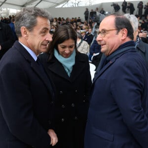 Nicolas Sarkozy, Anne Hidalgo, maire de Paris, François Hollande lors de la cérémonie à l'occasion de la première journée nationale d'hommage aux victimes du terrorisme sur l'Esplanade du Trocadero à Paris le 11 mars 2020. © Jacques Witt / Pool / Bestimage