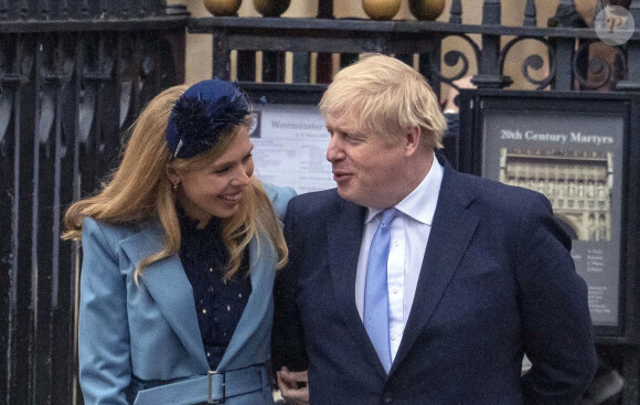 Le Premier ministre britannique Boris Johnson et sa compagne Carrie Symonds (enceinte) - La famille royale d'Angleterre à la sortie de la cérémonie du Commonwealth en l'abbaye de Westminster à Londres, le 9 mars 2020. 