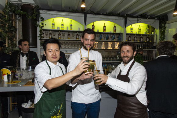 Exclusif - Les chefs Julien Duboué, Nicolas Haelewyn et Taku Sekine lors de la soirée "Kill The Duckface" pour le lancement en avant-première de Panza Paille dans la salle de réception La Cartonnerie à Paris, France, le 2 avril 2019. © Pierre Perusseau/Bestimage 