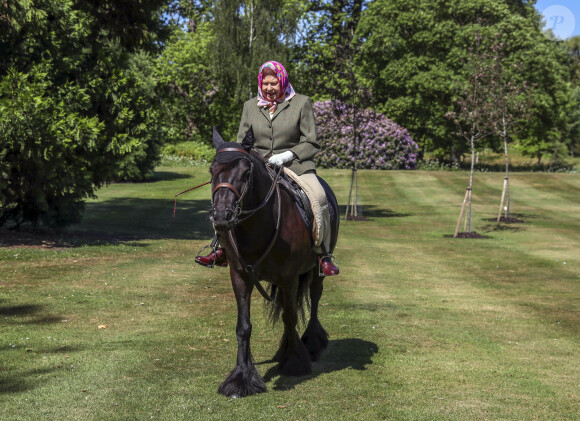 La reine Elisabeth II fait une balade à cheval dans le parc du château de Windsor le 31 mai 2020.