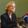 Delphine de Saxe-Cobourg-Gotha, reconnue officiellement comme la fille légitime du roi Albert II de Belgique après sept ans de procédure, donne une conférence de presse à Bruxelles. Octobre 2020.