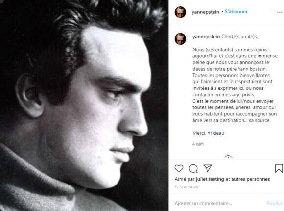 Les enfants de Yann Epstein ont annoncé sa mort le 12 septembre 2020 sur Instagram.