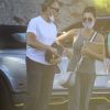 Exclusif - Jean-Claude Van Damme et sa compagne Alena Kaverina sont allés déjeuner avec une amie au restaurant Mel's Drive-In à West Hollywood, Los Angeles, le 14 juillet 2020. 