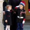 La princesse Charlène de Monaco, la princesse Gabriella de Monaco, comtesse de Carladès, le prince Jacques de Monaco, marquis des Baux - La famille princière assiste à une cérémonie de remise de médaille dans la cours du Palais de Monaco lors de la Fête Nationale 2020 de la principauté de Monaco. Le 19 novembre 2020 © David Nivière / Pool / Bestimage