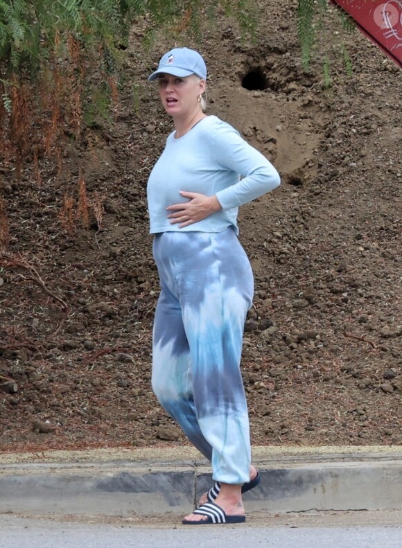 Exclusif - Prix spécial - Katy Perry se balade avec son chien Nugget le jour de son anniversaire (36 ans) à Los Angeles pendant l'épidémie de coronavirus (Covid-19). Une source proche du couple a révélé qu'ils auraient choisi une date pour leur mariage. La chanteuse Katy Perry et l'acteur O. Bloom ont annoncé leurs fiançailles le 14 février dernier. Le 25 octobre 2020  Exclusive - Katy Perry took some time to enjoy a walk with her beloved pooch, Nugget near her L.A. home on her birthday. The singer and new mom who turns 36 today stepped out in a head-to-toe baby blue outfit. The casual star wore Adidas slides with comfy blue tie-dye sweats and a matching long sleeve and baseball cap. 25th october 2020 