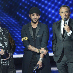 Florent Pagny, le gagnant, Slimane, et Nikos Aliagas - Plateau de la finale de l'émission "The Voice" à Paris. Le 14 mai 2016 © Coadic Guirec / Bestimage