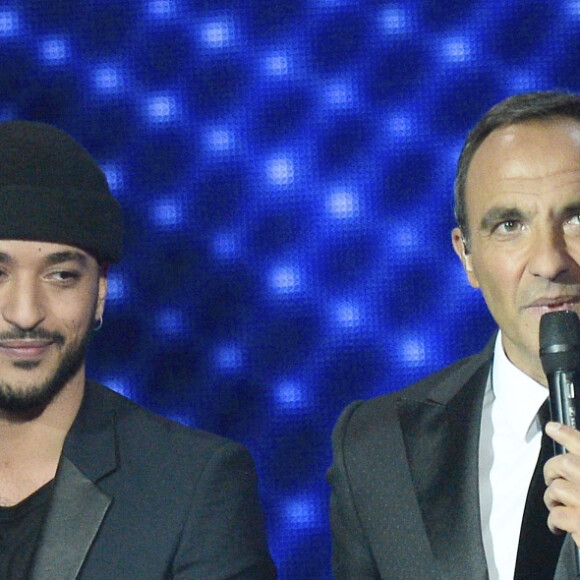 Florent Pagny, le gagnant, Slimane, et Nikos Aliagas - Plateau de la finale de l'émission "The Voice" à Paris. Le 14 mai 2016 © Coadic Guirec / Bestimage