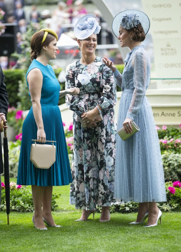 La princesse Eugenie d'York, Zara Phillips (Zara Tindall) et Catherine (Kate) Middleton, duchesse de Cambridge - La famille royale britannique et les souverains néerlandais lors de la première journée des courses d'Ascot 2019, à Ascot, Royaume Uni, le 18 juin 2019.