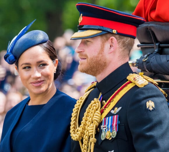Le prince Harry, duc de Sussex, et Meghan Markle, duchesse de Sussex, première apparition publique de la duchesse depuis la naissance du bébé royal Archie lors de la parade Trooping the Colour 2019, célébrant le 93ème anniversaire de la reine Elisabeth II, au palais de Buckingham, Londres. 