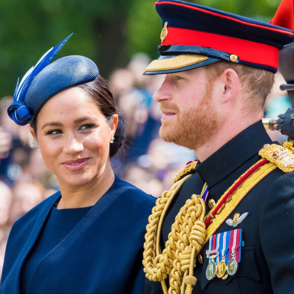 Le prince Harry, duc de Sussex, et Meghan Markle, duchesse de Sussex, première apparition publique de la duchesse depuis la naissance du bébé royal Archie lors de la parade Trooping the Colour 2019, célébrant le 93ème anniversaire de la reine Elisabeth II, au palais de Buckingham, Londres. 