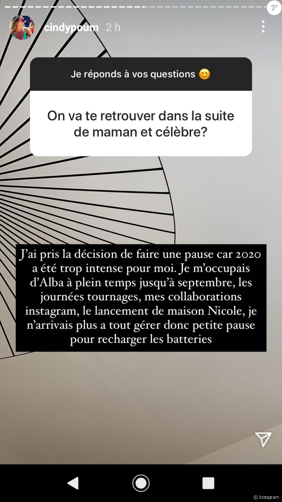 Cindy Poumeyrol de "Koh-Lanta" et "Mamans & Célèbres" répond aux questions de ses fans sur Instagram, le 8 janvier 2020