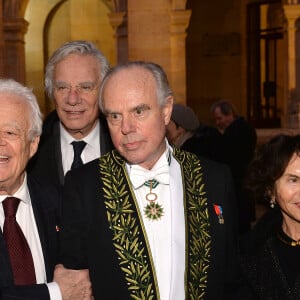 Semi-exclusif - Jean-Gabriel Mitterrand, Olivier Mitterrand, Frédéric Mitterrand et Monique Lang lors de la cérémonie d'installation de F.Mitterrand à l'académie des Beaux-Arts à Paris, France, le 6 février 2020. © Veeren/Bestimage