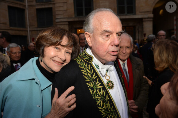 Semi-exclusif - Macha Méril et Frédéric Mitterrand lors de la cérémonie d'installation de F.Mitterrand à l'académie des Beaux-Arts à Paris, France, le 6 février 2020 © Veeren/Bestimage 